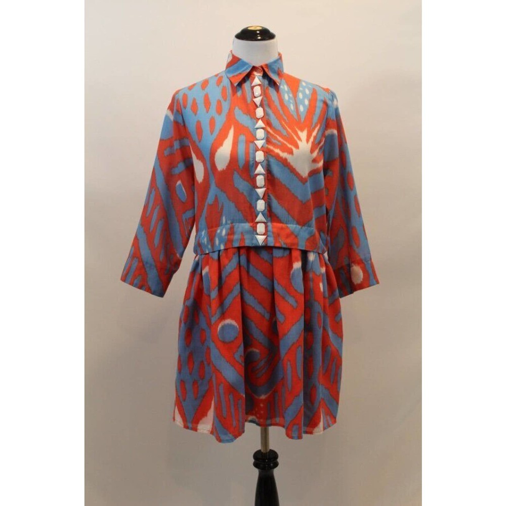 SHERIDAN FRENCH Sz L Large Orange Blue White Beaded Cotton Tunic Dress Katey